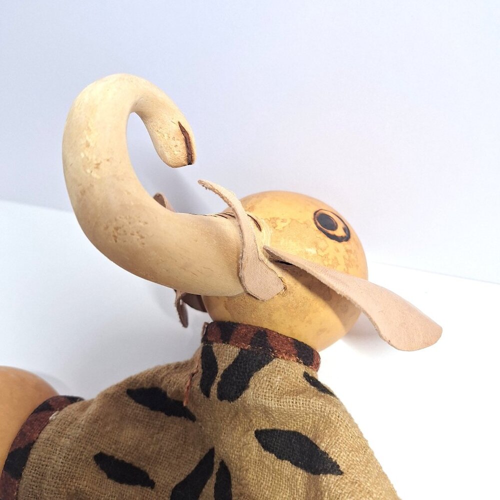 African Elephant Gourd Puppet Leather Handmade Ears Tusks Tribal Fabric READ - Picture 5 of 9